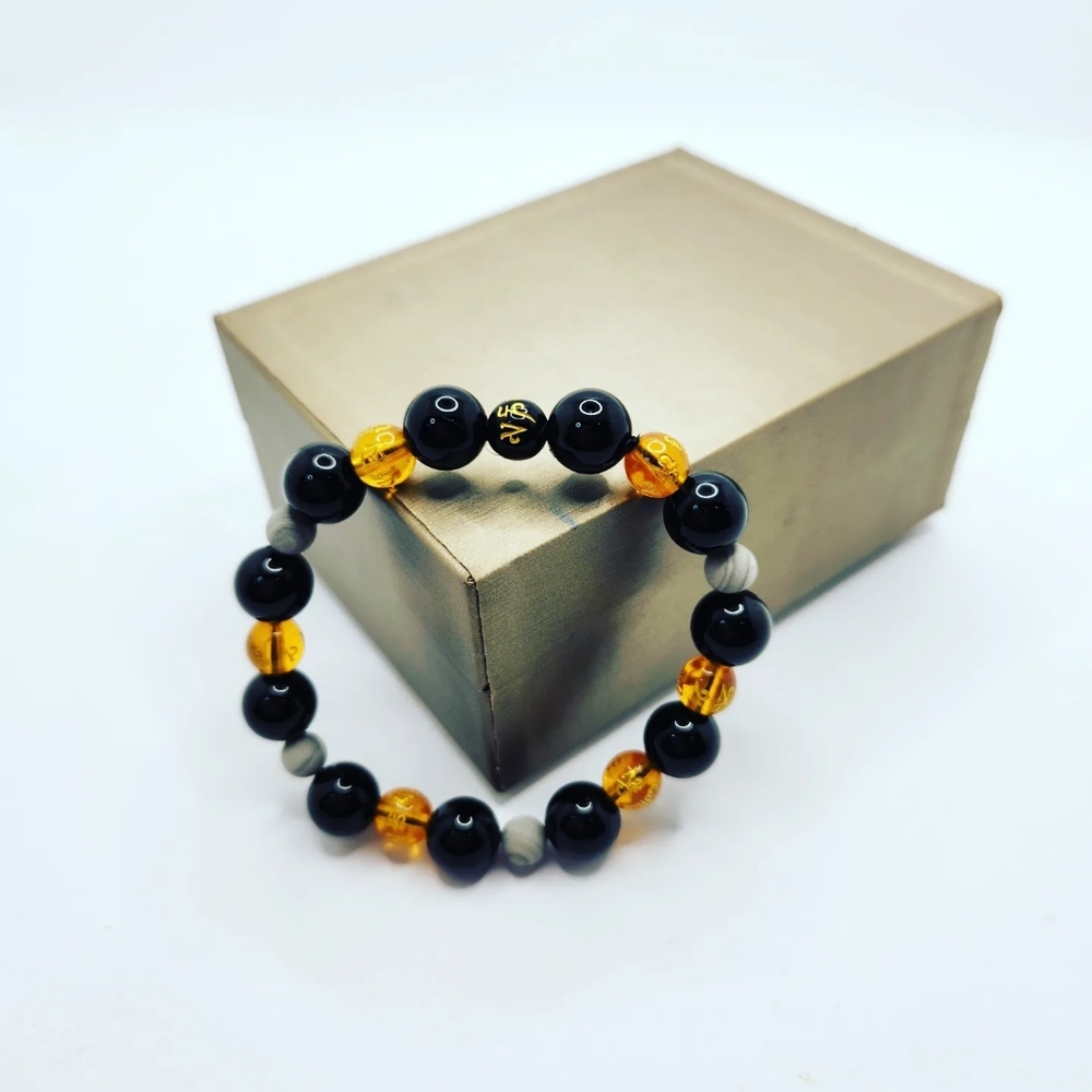 Black Agate, Grey Quartz, Mantra bracelet
